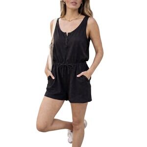 Z SUPPLY Black Cotton Henley Romper Sleeveless Drawstring Waist Pockets size M